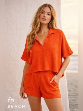 Free People FP Beach Knit Lounge Set Sweater & Shorts Matching Set, Poppy, Small